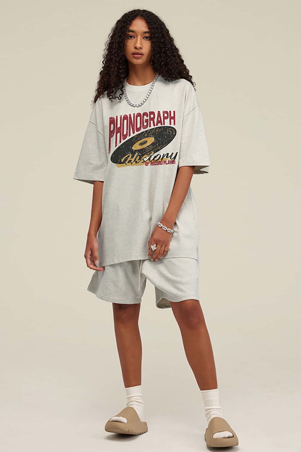 Vintage Loose-Fit Neutral Crew Neck Phonograph T-Shirt