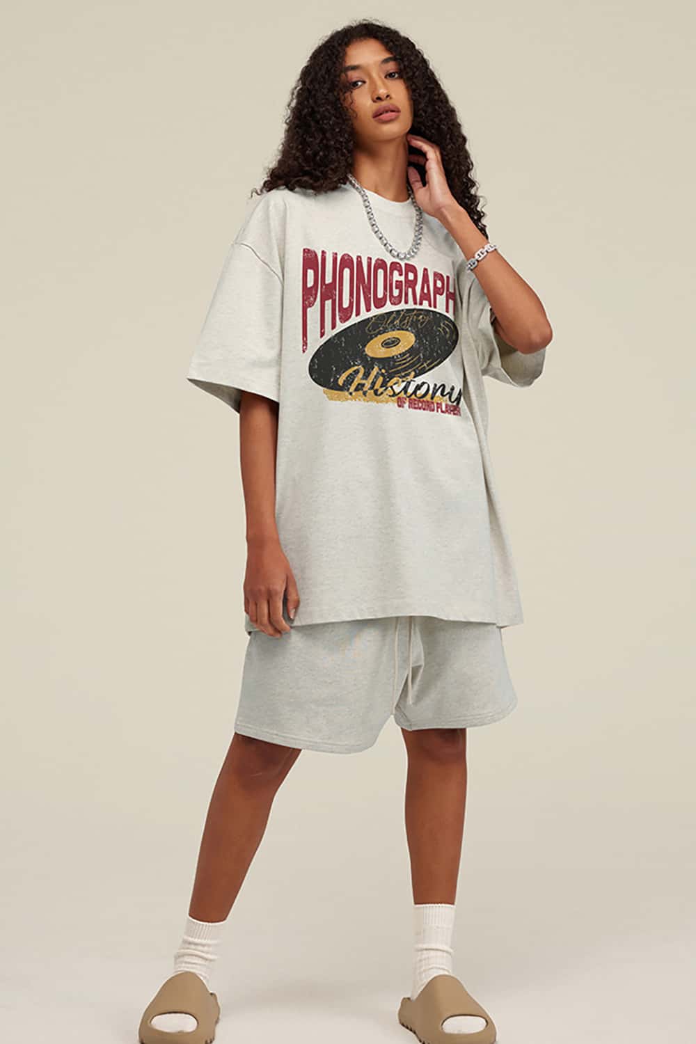 Vintage Loose-Fit Neutral Crew Neck Phonograph T-Shirt