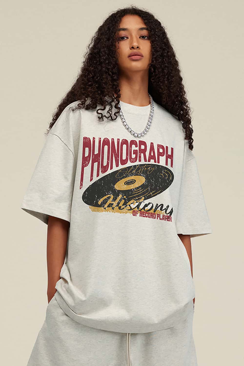 Vintage Loose-Fit Neutral Crew Neck Phonograph T-Shirt