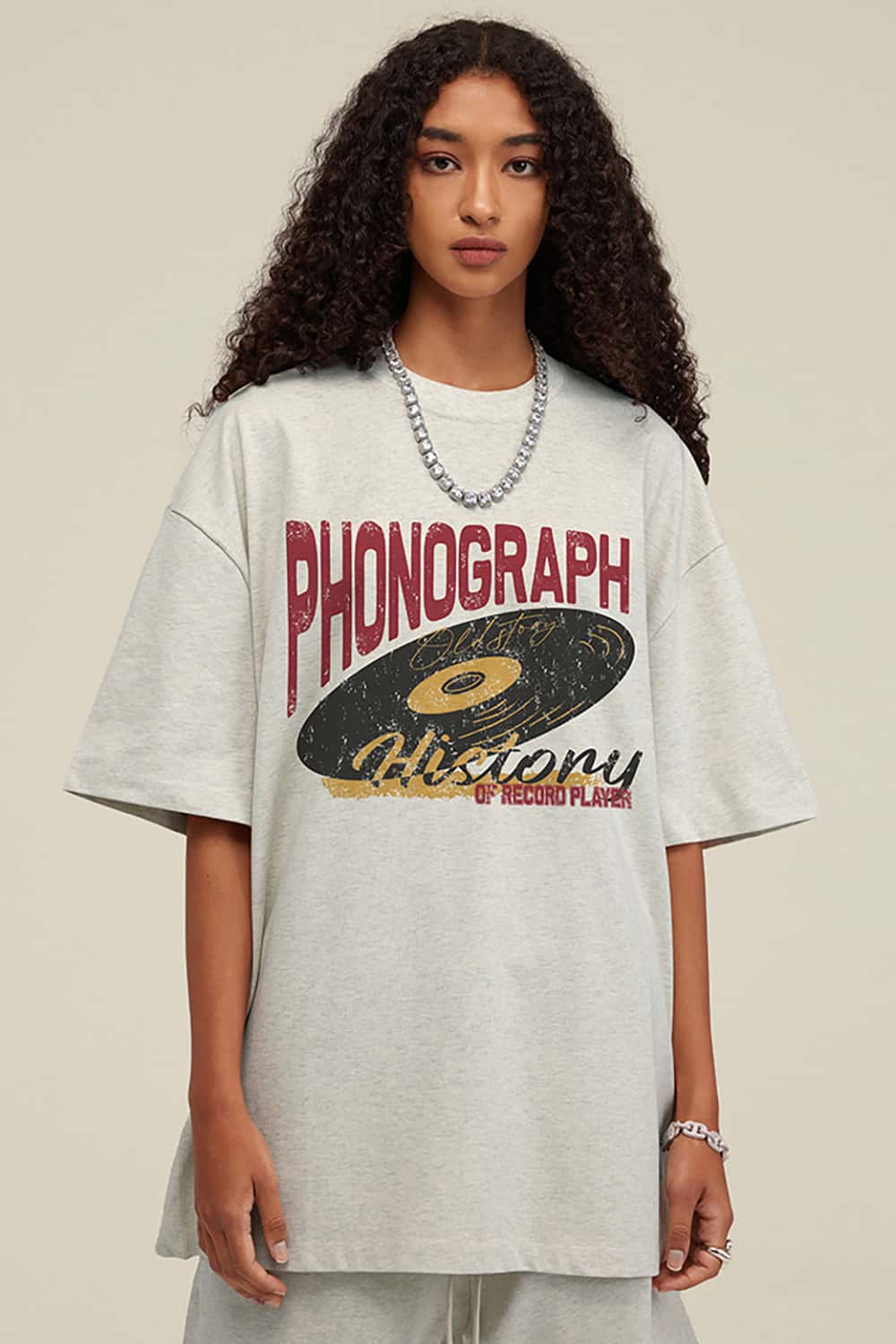 Vintage Loose-Fit Neutral Crew Neck Phonograph T-Shirt