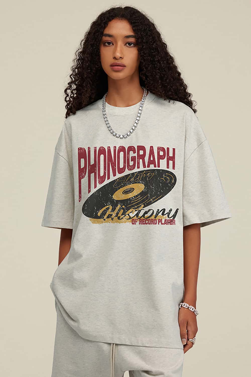 Vintage Loose-Fit Neutral Crew Neck Phonograph T-Shirt