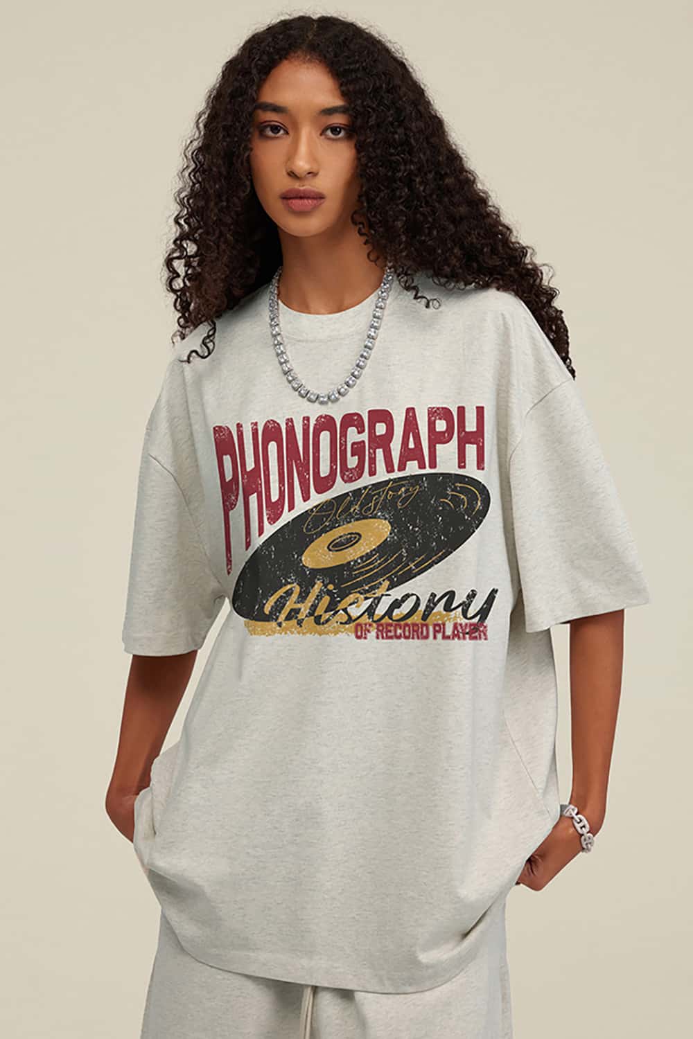 Vintage Loose-Fit Neutral Crew Neck Phonograph T-Shirt