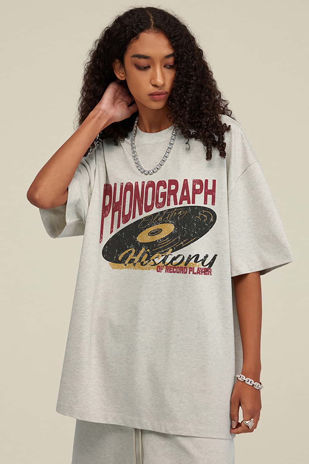 Vintage Loose-Fit Neutral Crew Neck Phonograph T-Shirt