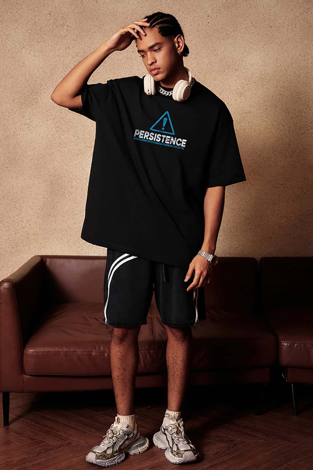Vintage Loose-Fit Small Collar Washed Print T-Shirt