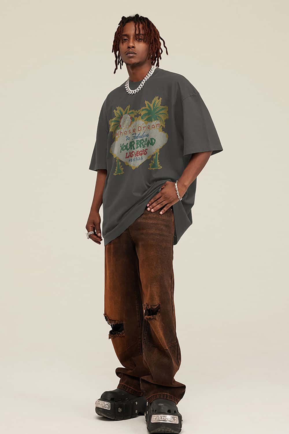West Coast Vintage Wash Palm Tree Loose-Fit Short-Sleeve T-Shirt