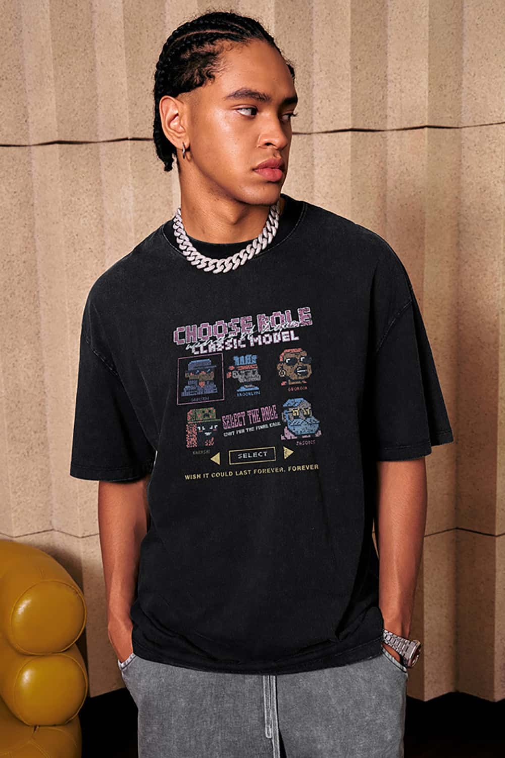 Loose-Fit Cartoon Fun Game Lettering Vintage Wash Short-Sleeve T-Shirt