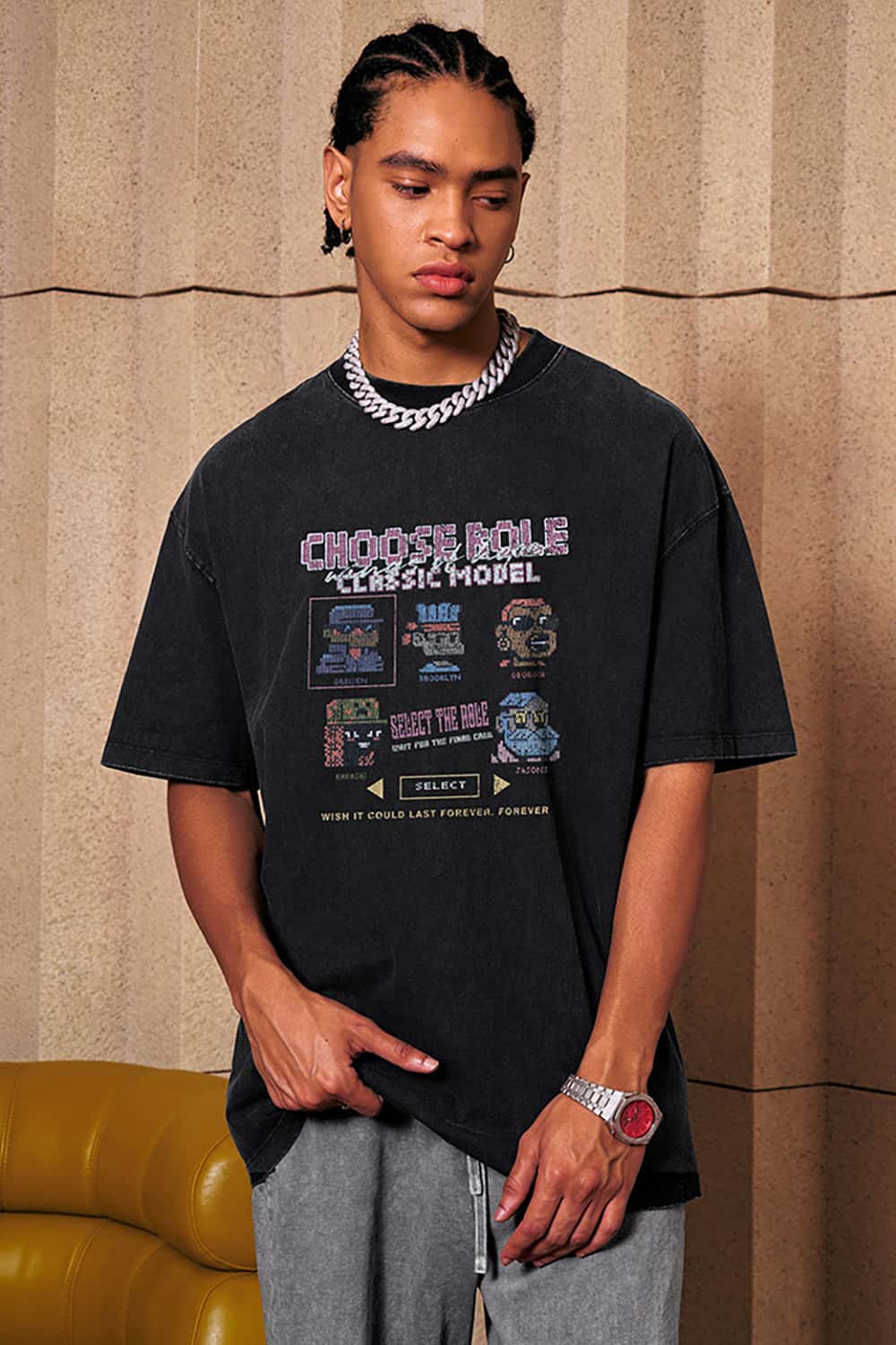 Loose-Fit Cartoon Fun Game Lettering Vintage Wash Short-Sleeve T-Shirt