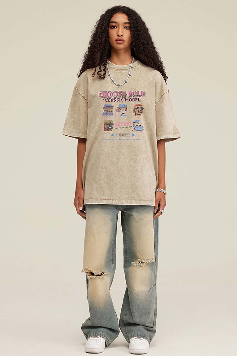 Loose-Fit Cartoon Fun Game Lettering Vintage Wash Short-Sleeve T-Shirt