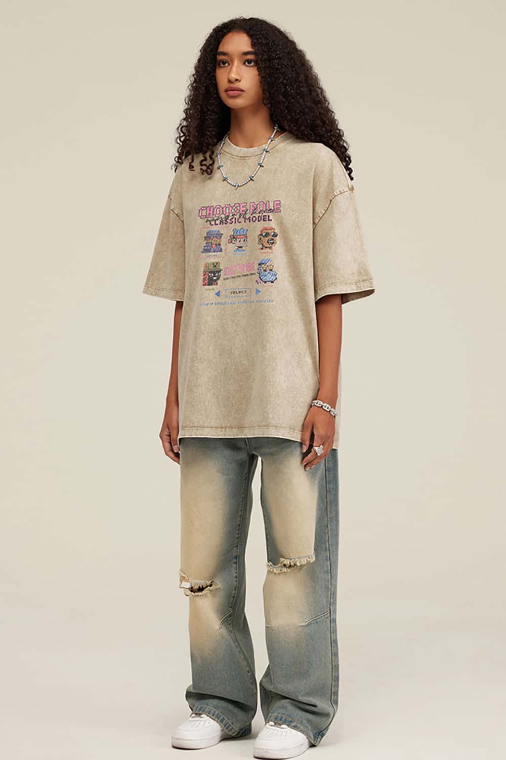 Loose-Fit Cartoon Fun Game Lettering Vintage Wash Short-Sleeve T-Shirt