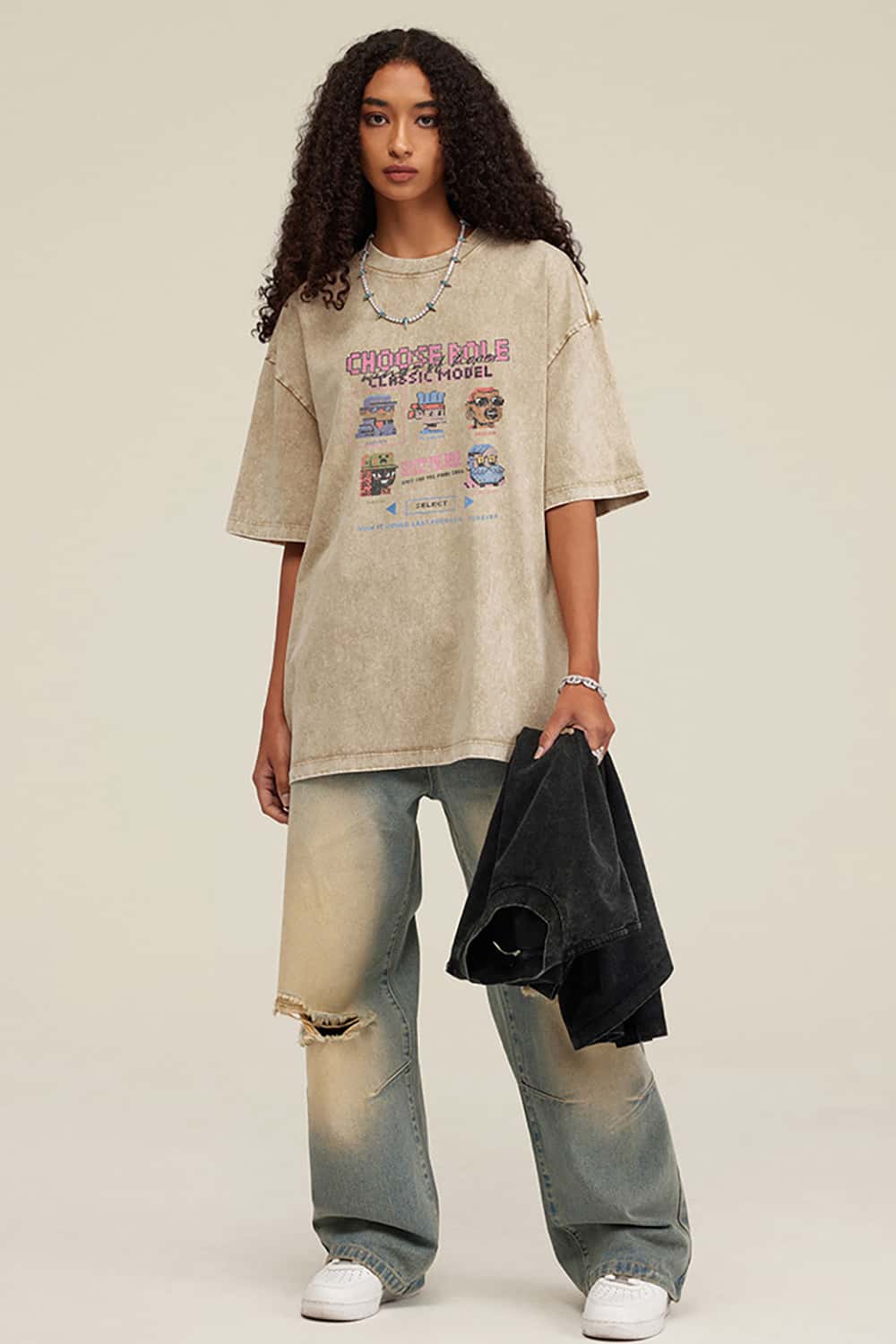 Loose-Fit Cartoon Fun Game Lettering Vintage Wash Short-Sleeve T-Shirt