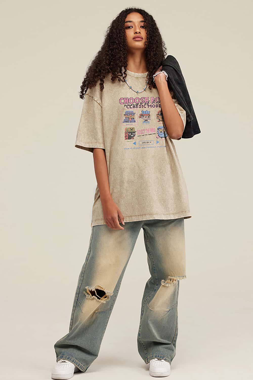 Loose-Fit Cartoon Fun Game Lettering Vintage Wash Short-Sleeve T-Shirt