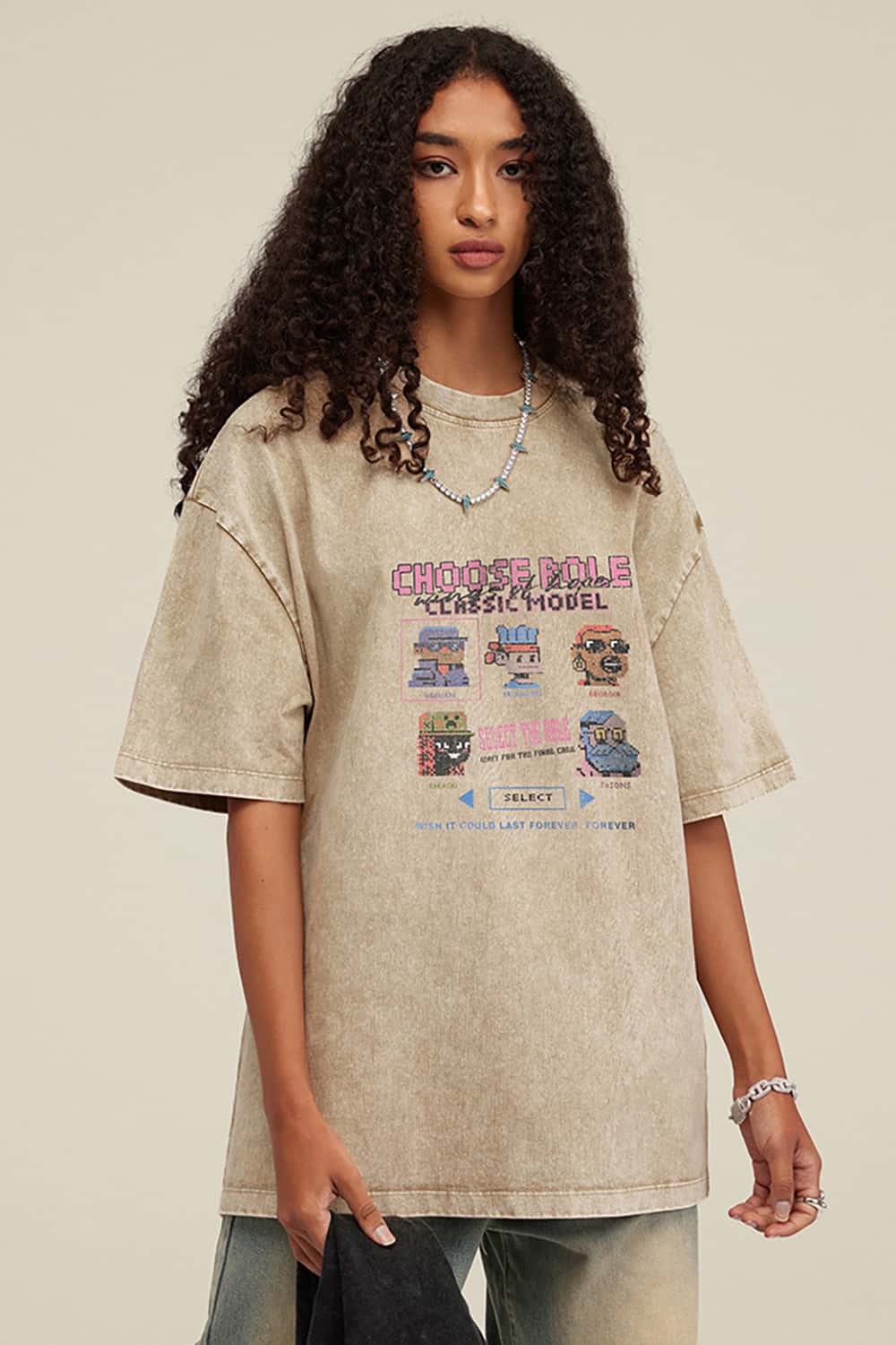 Loose-Fit Cartoon Fun Game Lettering Vintage Wash Short-Sleeve T-Shirt