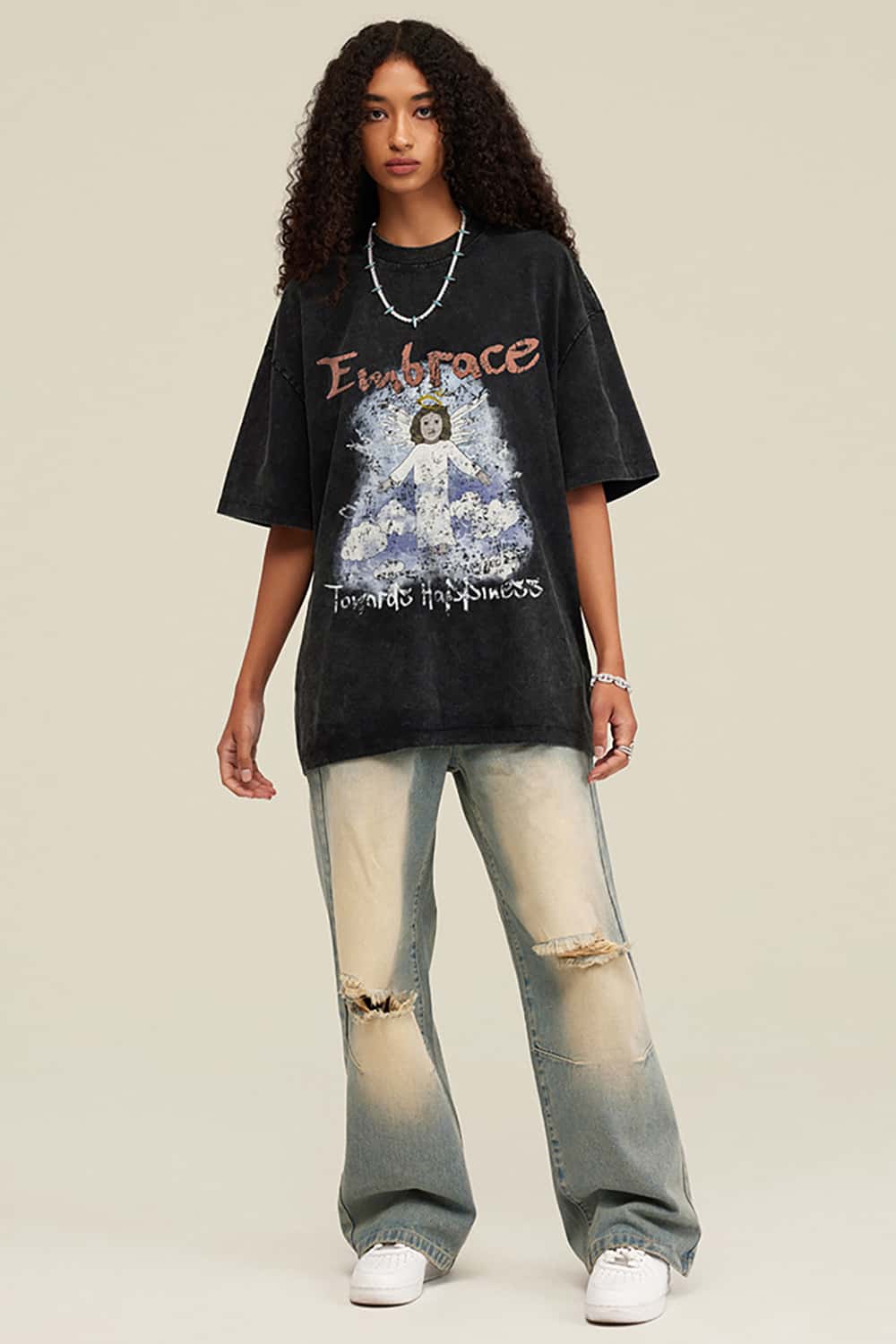 Angel Print Vintage Wash Loose-Fit Streetwear Short-Sleeve T-Shirt