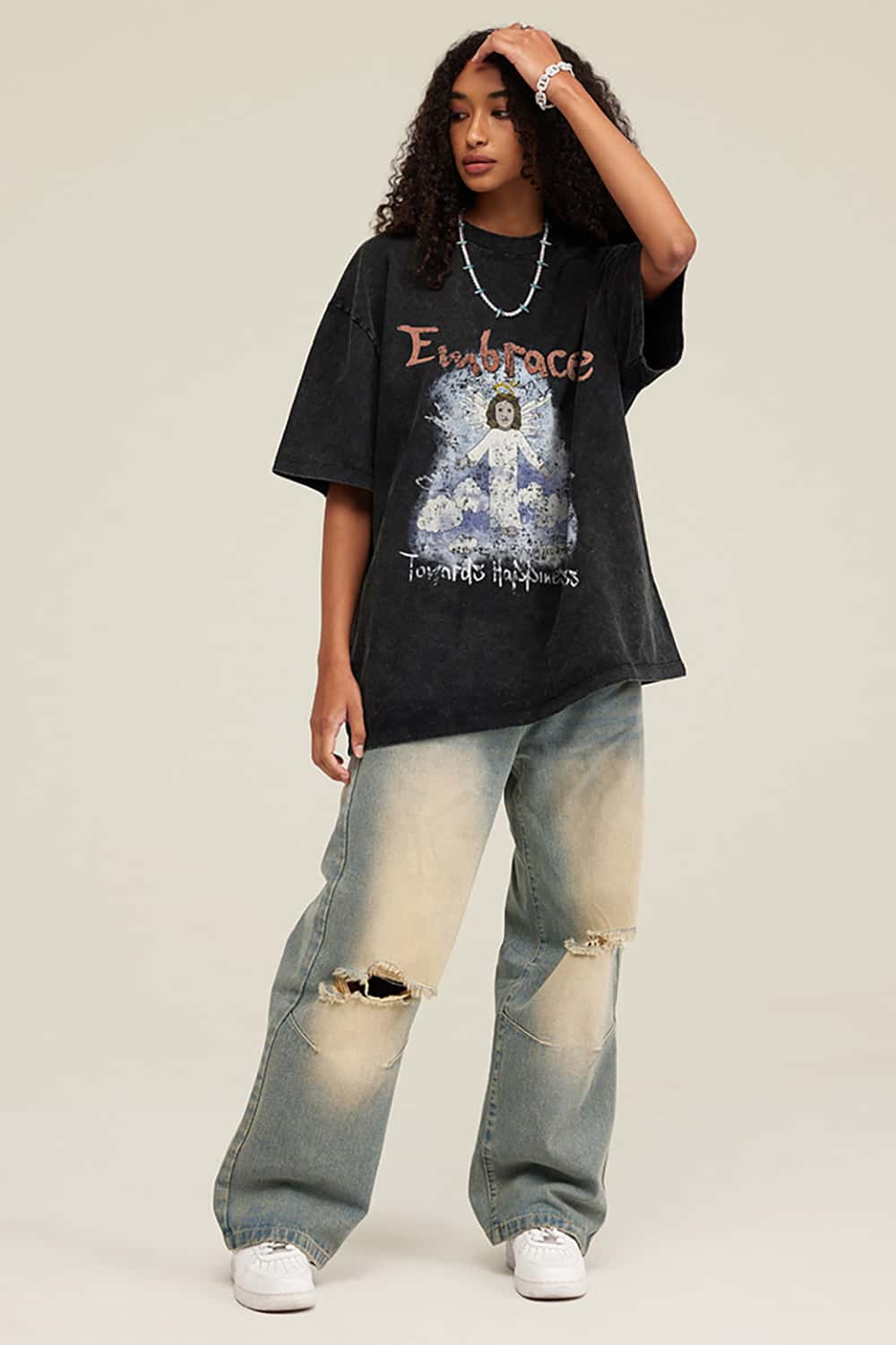 Angel Print Vintage Wash Loose-Fit Streetwear Short-Sleeve T-Shirt