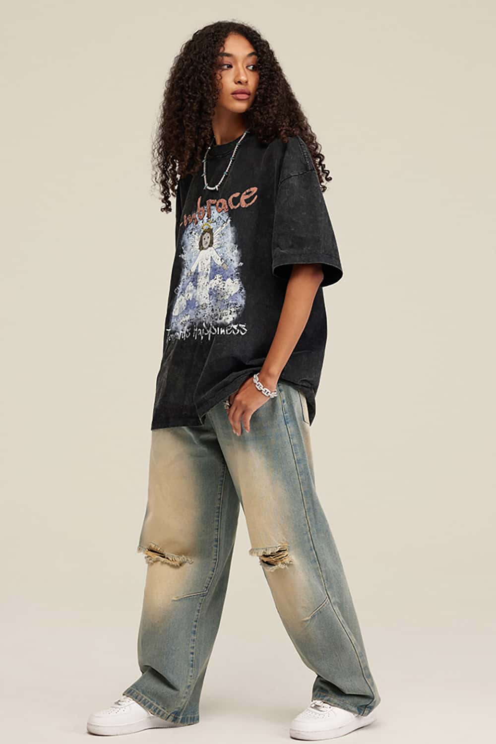 Angel Print Vintage Wash Loose-Fit Streetwear Short-Sleeve T-Shirt