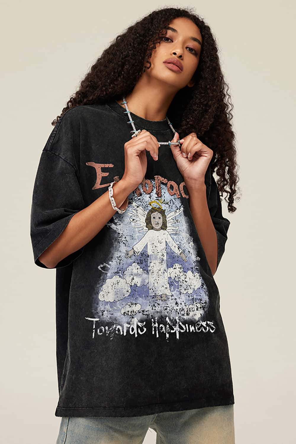 Angel Print Vintage Wash Loose-Fit Streetwear Short-Sleeve T-Shirt