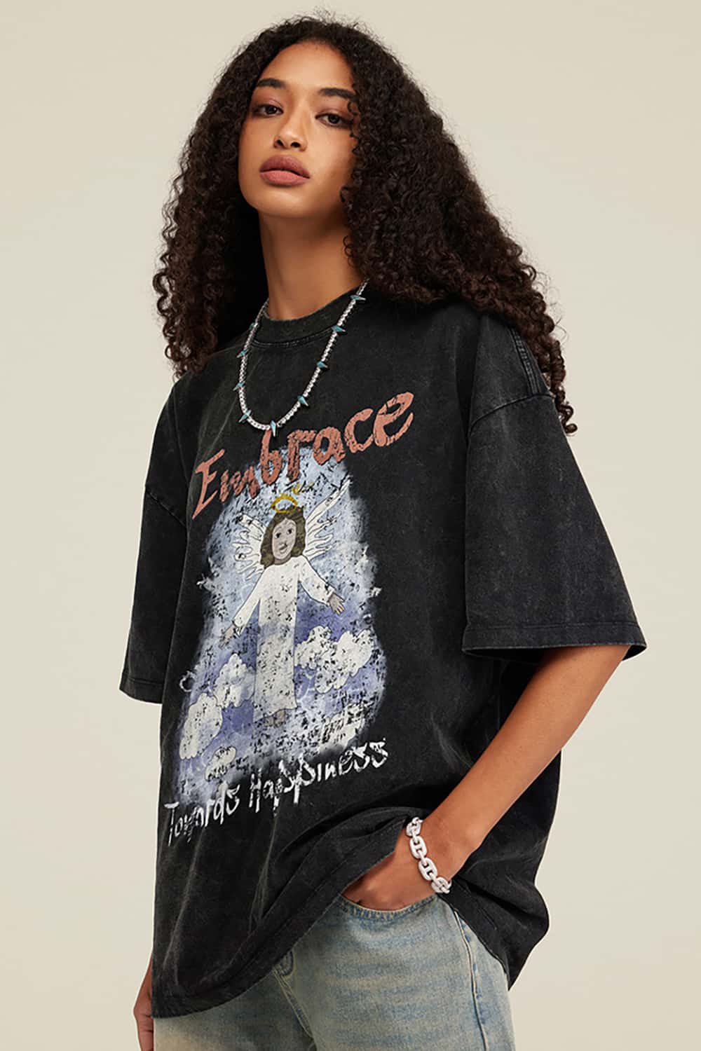 Angel Print Vintage Wash Loose-Fit Streetwear Short-Sleeve T-Shirt