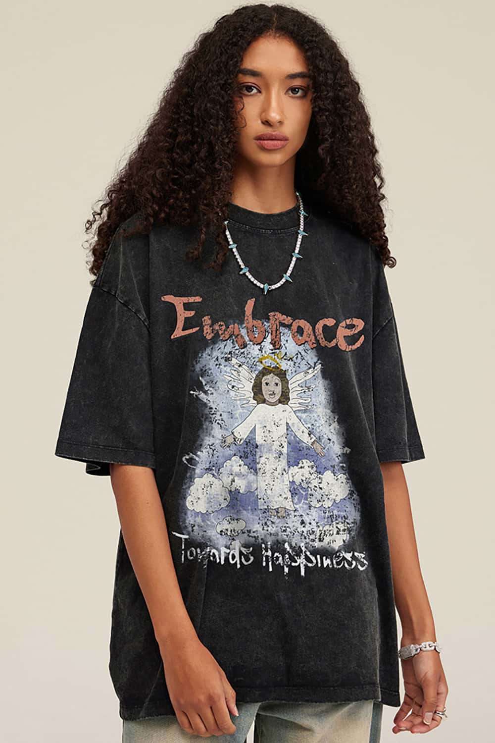 Angel Print Vintage Wash Loose-Fit Streetwear Short-Sleeve T-Shirt