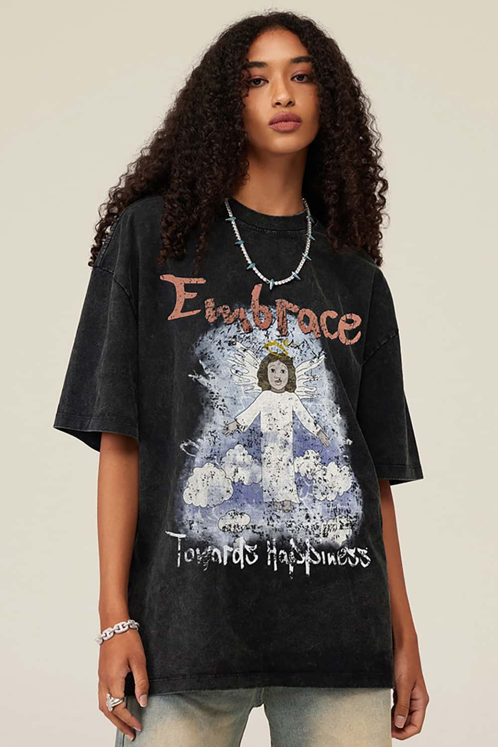 Angel Print Vintage Wash Loose-Fit Streetwear Short-Sleeve T-Shirt