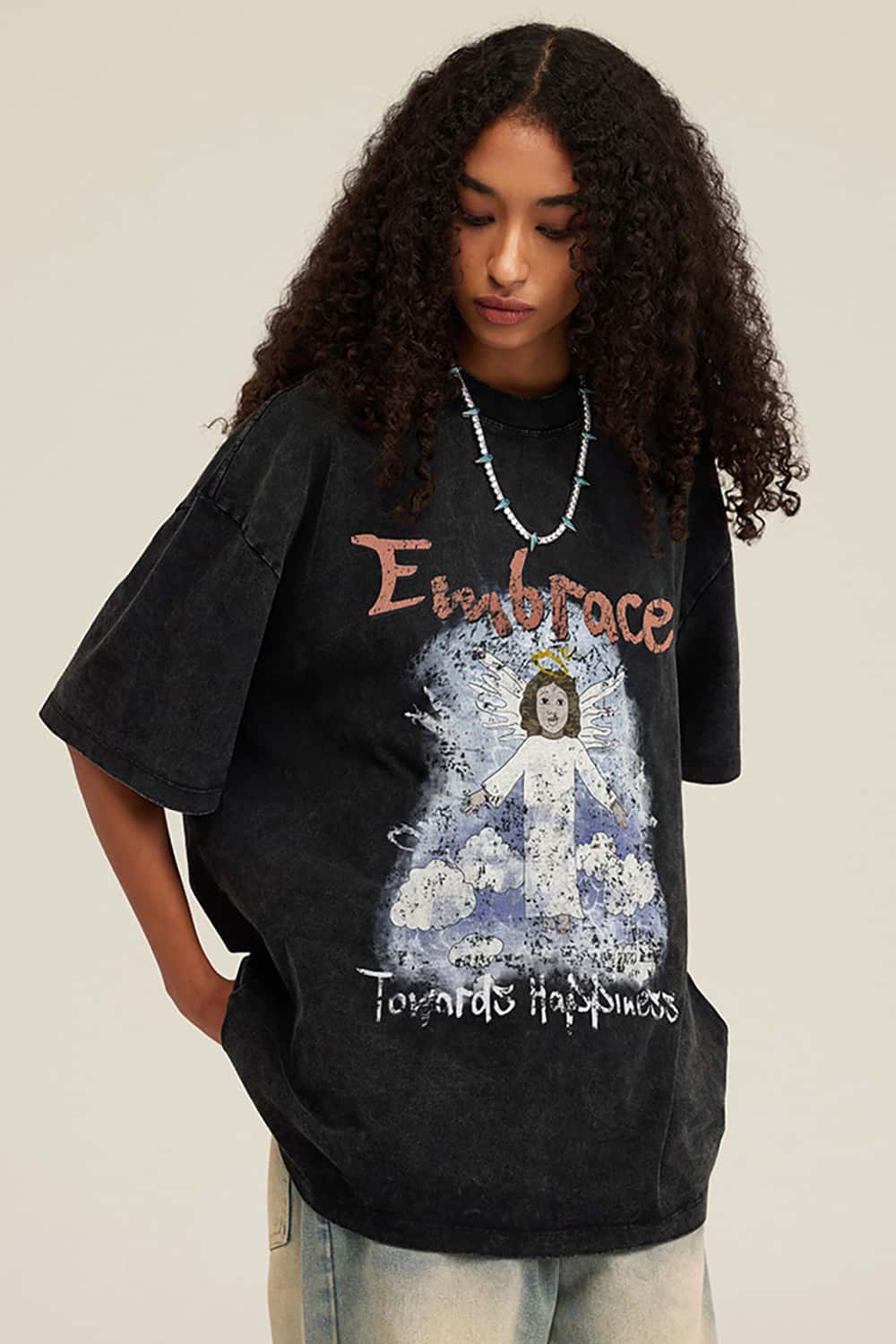 Angel Print Vintage Wash Loose-Fit Streetwear Short-Sleeve T-Shirt