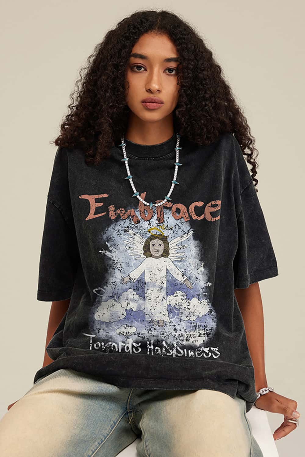 Angel Print Vintage Wash Loose-Fit Streetwear Short-Sleeve T-Shirt