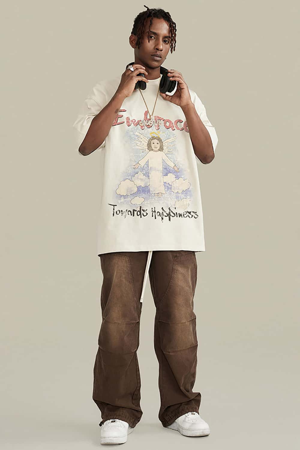Angel Print Vintage Wash Loose-Fit Streetwear Short-Sleeve T-Shirt