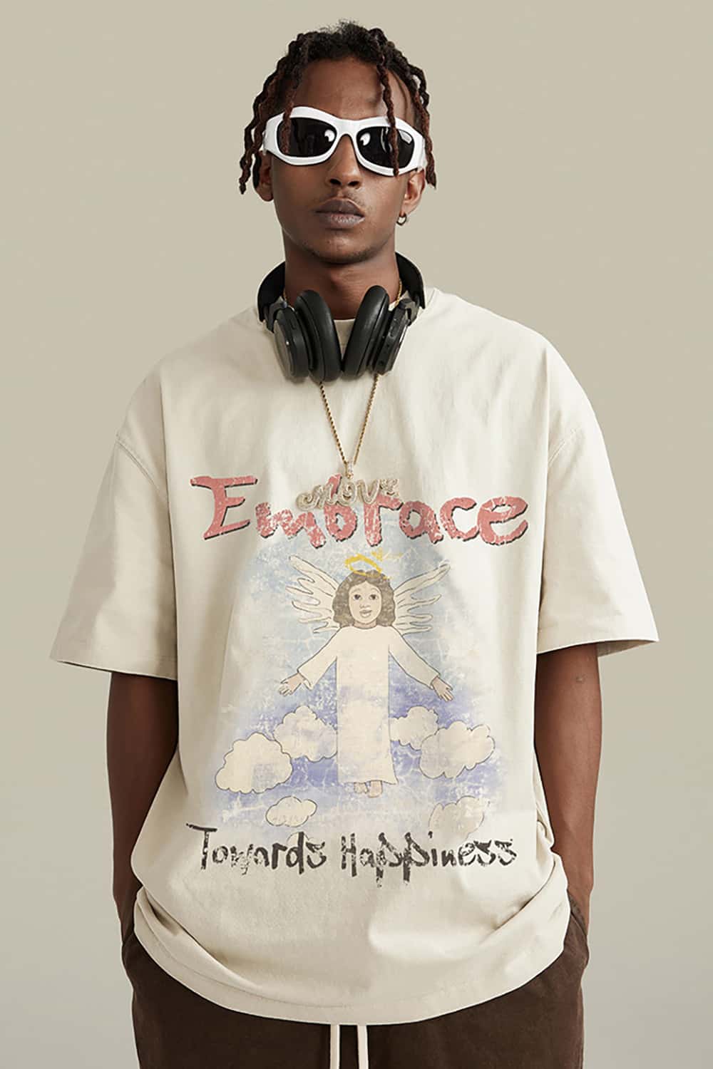 Angel Print Vintage Wash Loose-Fit Streetwear Short-Sleeve T-Shirt