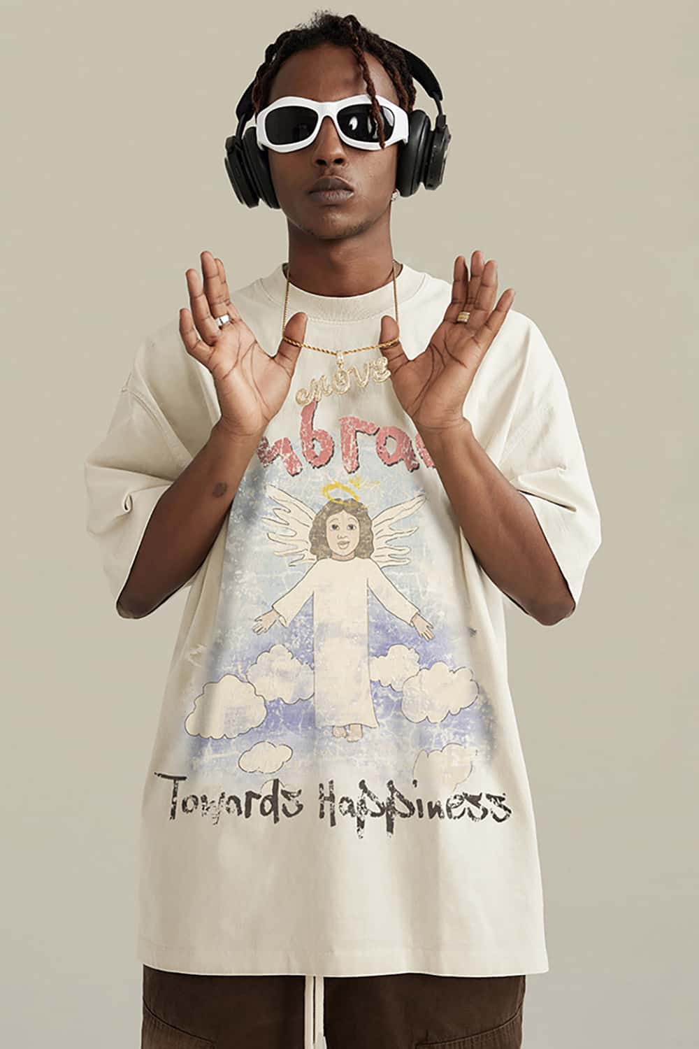 Angel Print Vintage Wash Loose-Fit Streetwear Short-Sleeve T-Shirt