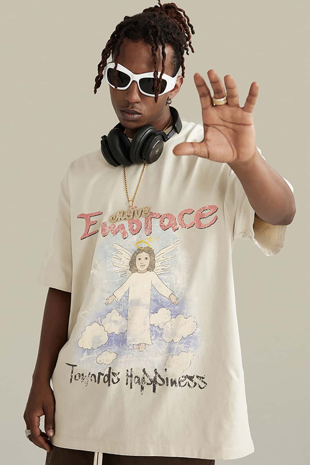 Angel Print Vintage Wash Loose-Fit Streetwear Short-Sleeve T-Shirt