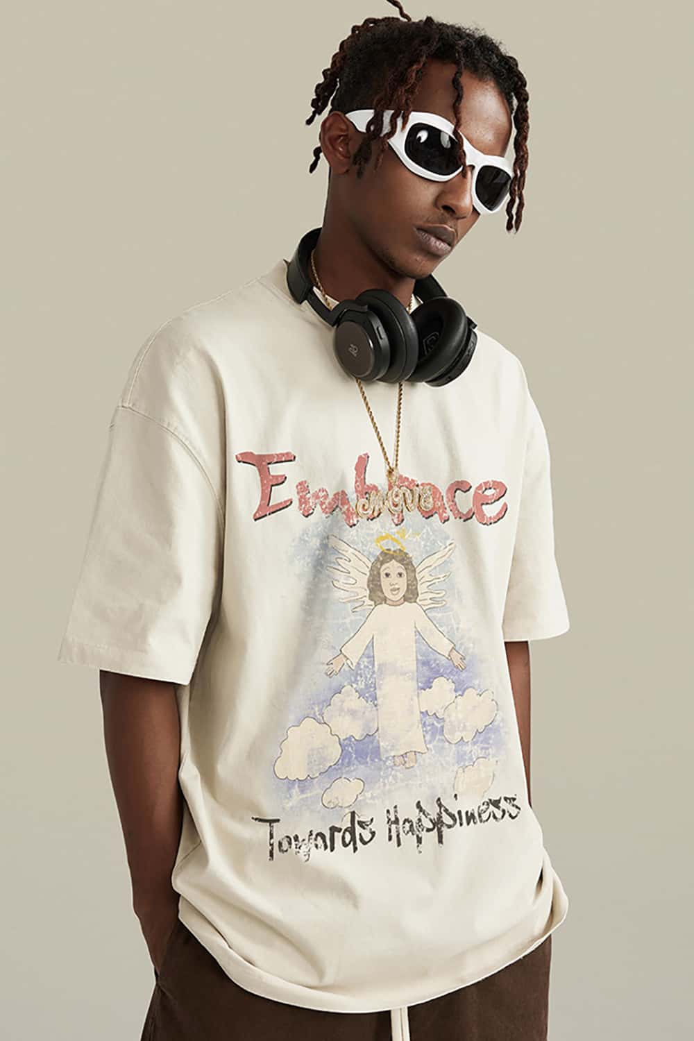Angel Print Vintage Wash Loose-Fit Streetwear Short-Sleeve T-Shirt