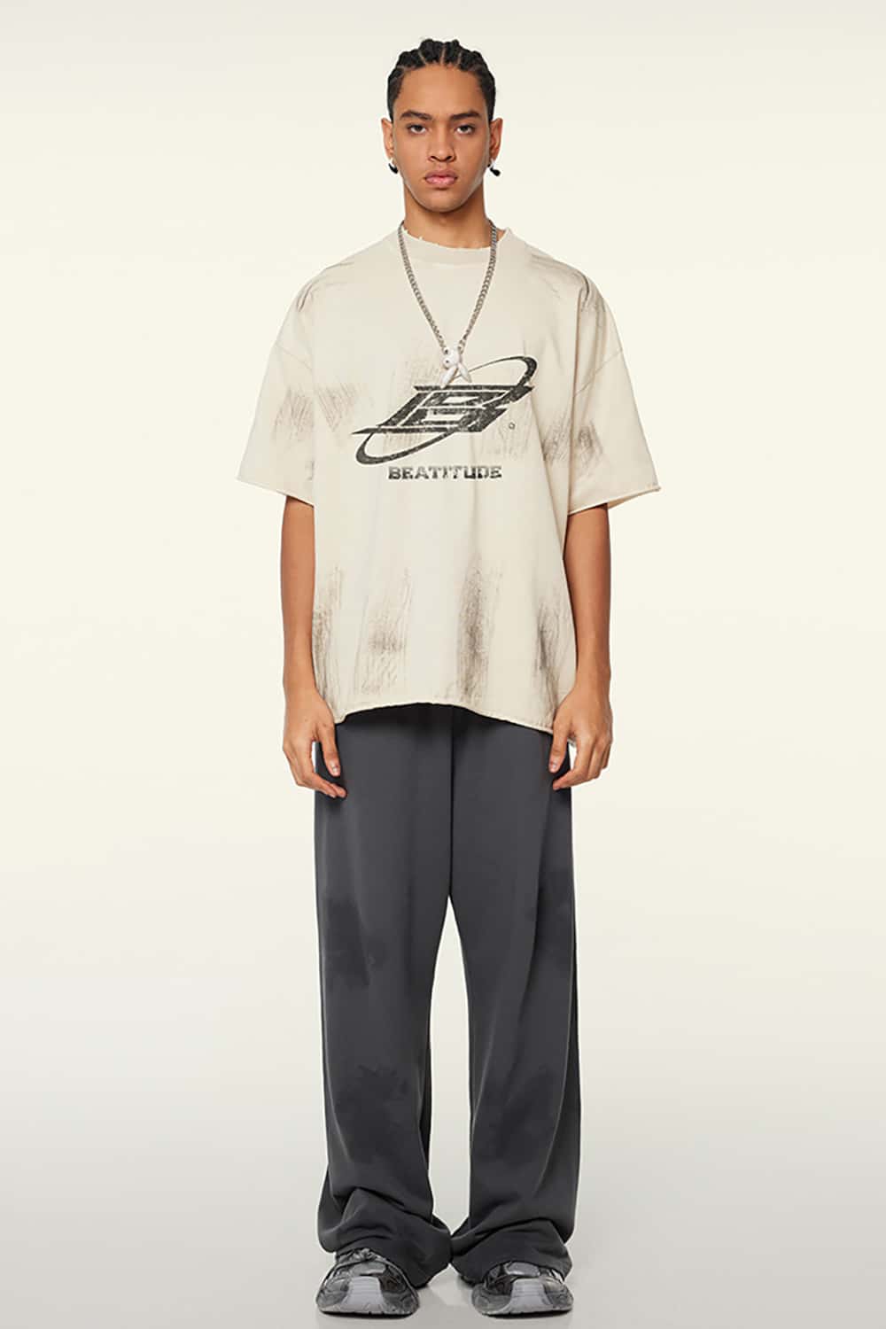Distressed Paint Earth Tone Loose-Fit Round Neck Short-Sleeve T-Shirt