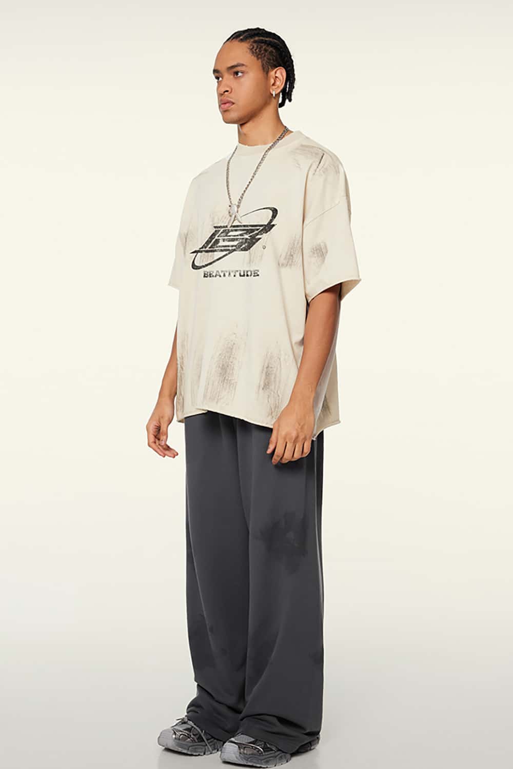 Distressed Paint Earth Tone Loose-Fit Round Neck Short-Sleeve T-Shirt