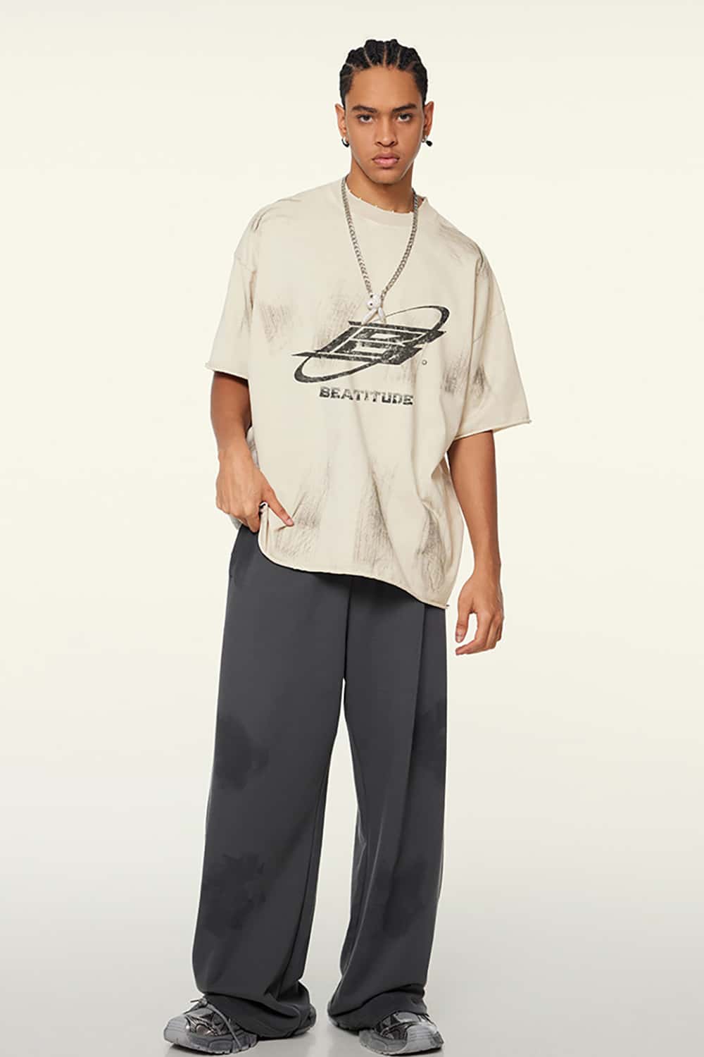 Distressed Paint Earth Tone Loose-Fit Round Neck Short-Sleeve T-Shirt