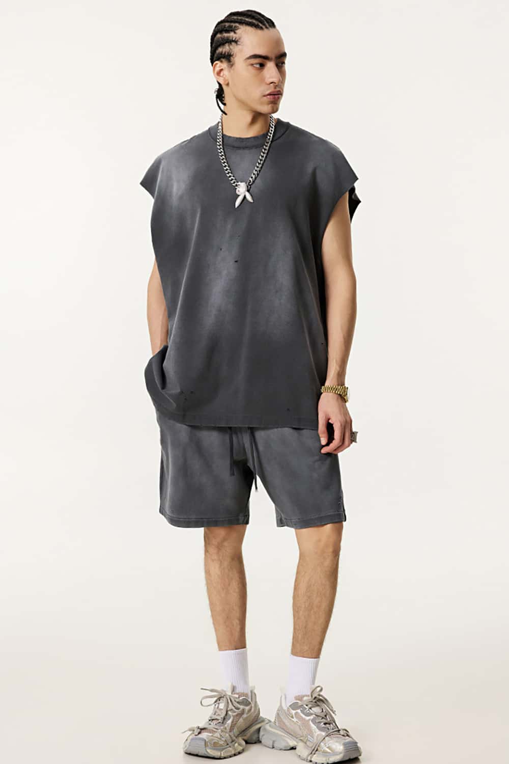 Vintage Distressed Cut-Out Shoulder Sleeveless Sports Tank Top
