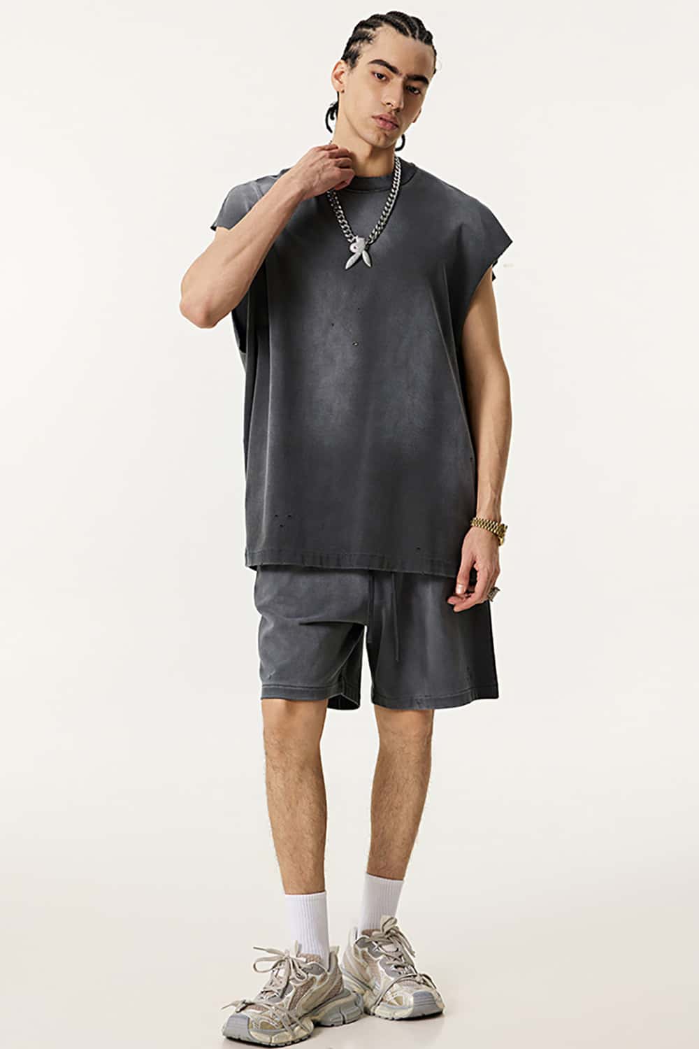 Vintage Distressed Cut-Out Shoulder Sleeveless Sports Tank Top