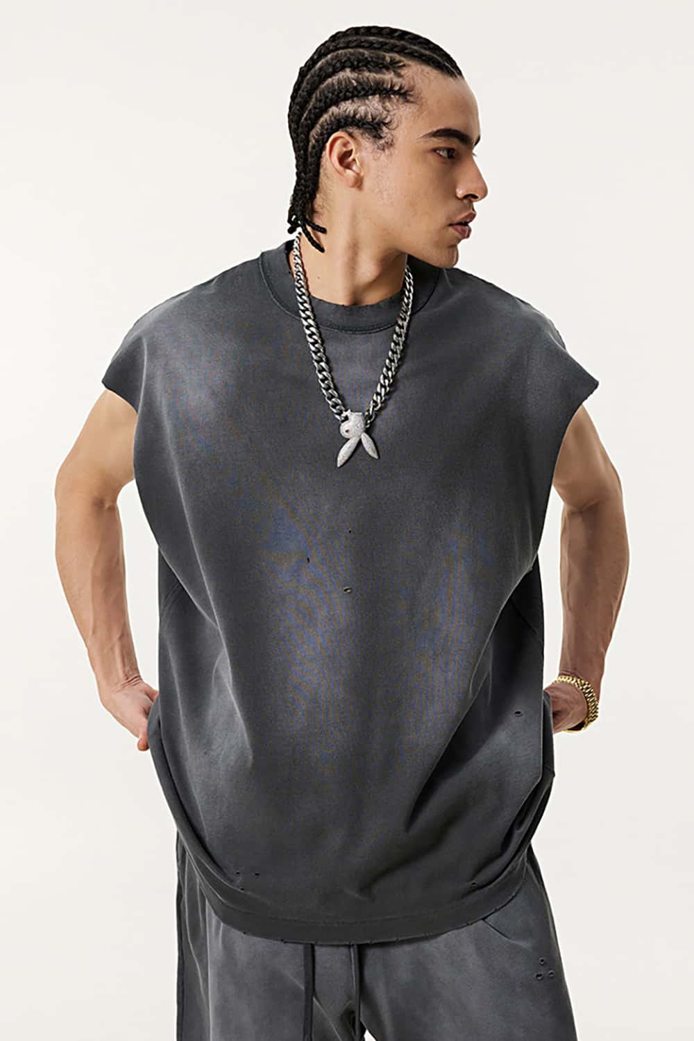 Vintage Distressed Cut-Out Shoulder Sleeveless Sports Tank Top