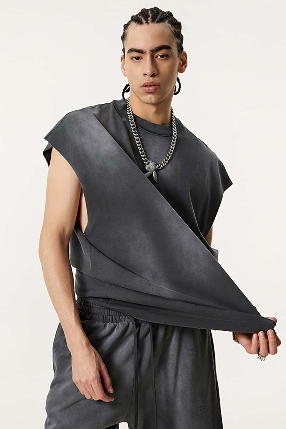 Vintage Distressed Cut-Out Shoulder Sleeveless Sports Tank Top