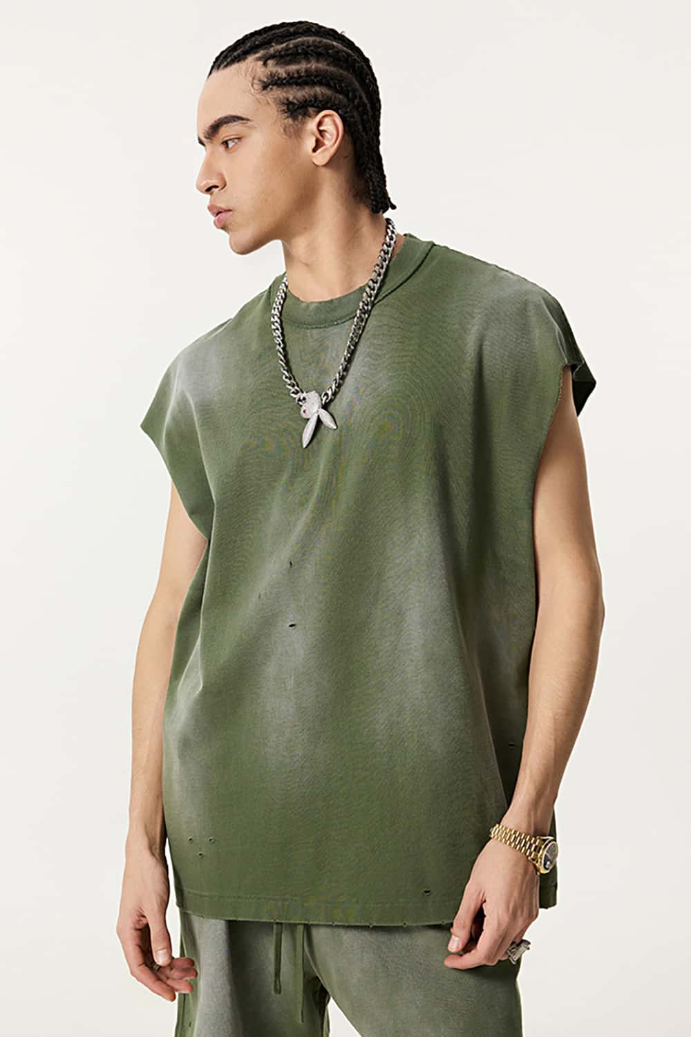 Vintage Distressed Cut-Out Shoulder Sleeveless Sports Tank Top