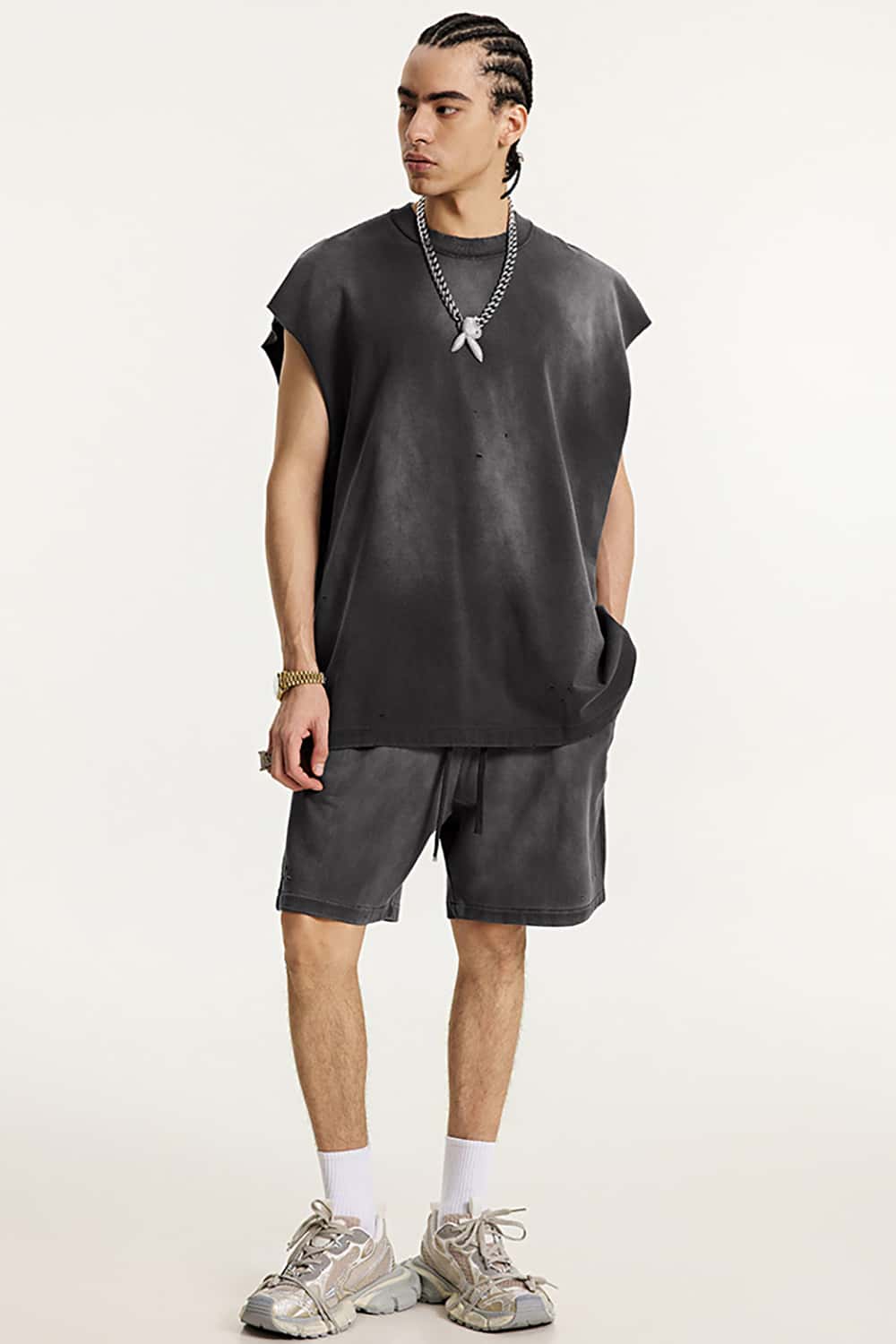 Vintage Distressed Cut-Out Shoulder Sleeveless Sports Tank Top