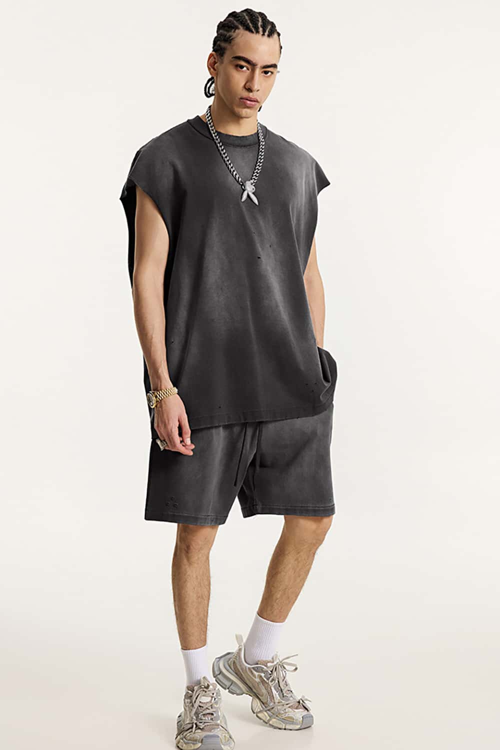 Vintage Distressed Cut-Out Shoulder Sleeveless Sports Tank Top