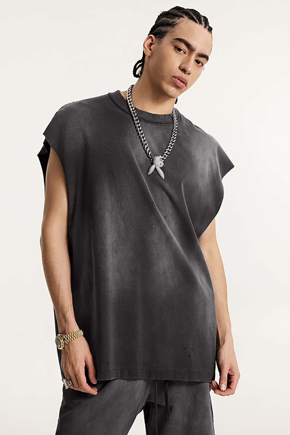Vintage Distressed Cut-Out Shoulder Sleeveless Sports Tank Top