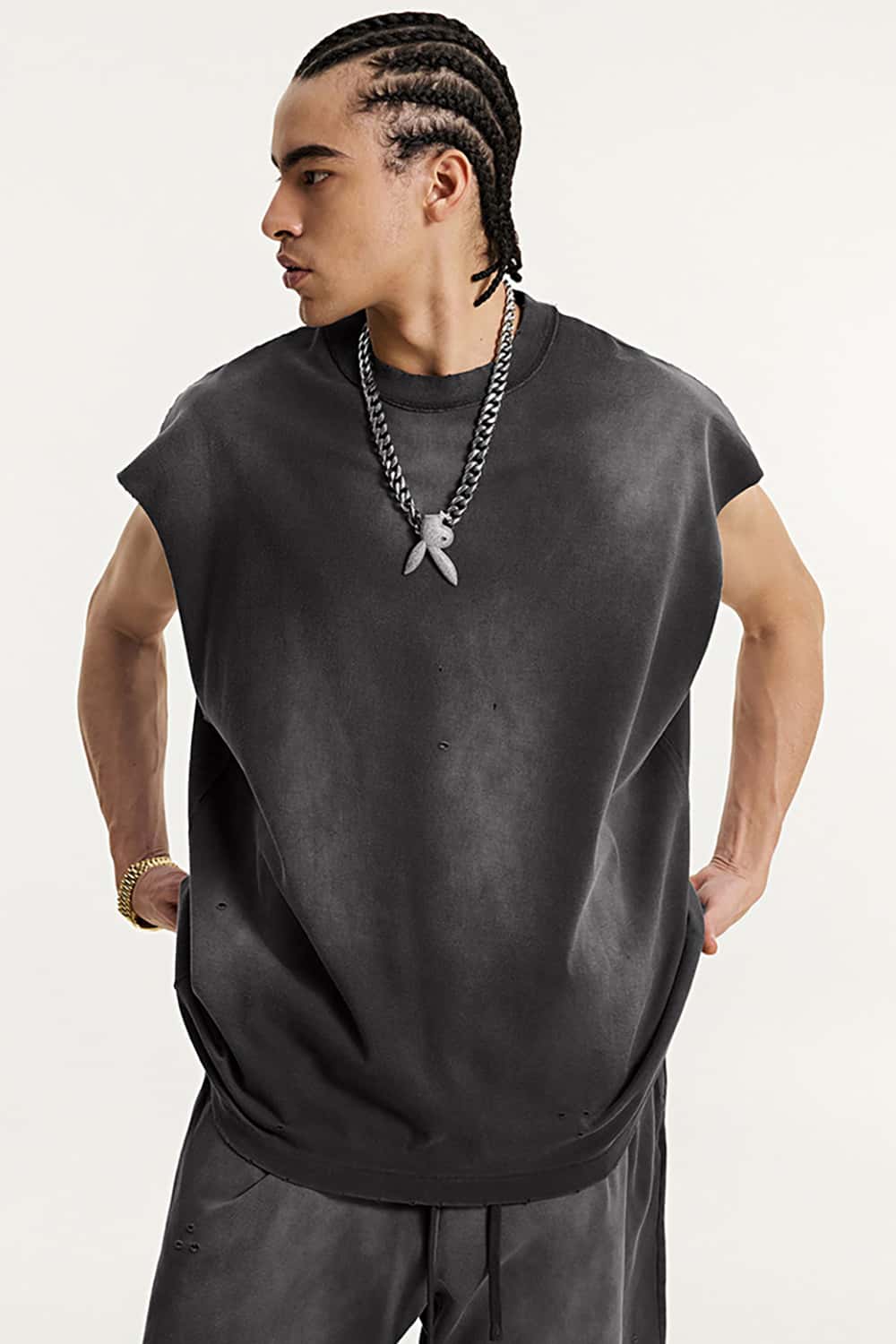 Vintage Distressed Cut-Out Shoulder Sleeveless Sports Tank Top