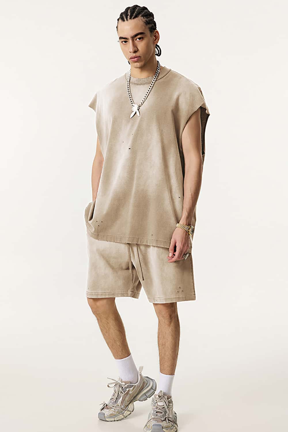 Vintage Distressed Cut-Out Shoulder Sleeveless Sports Tank Top