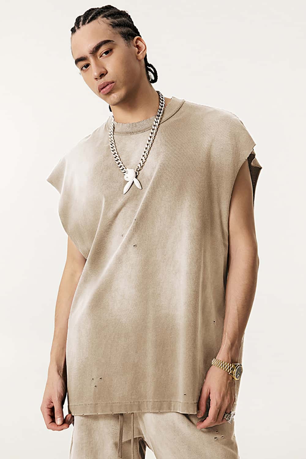 Vintage Distressed Cut-Out Shoulder Sleeveless Sports Tank Top