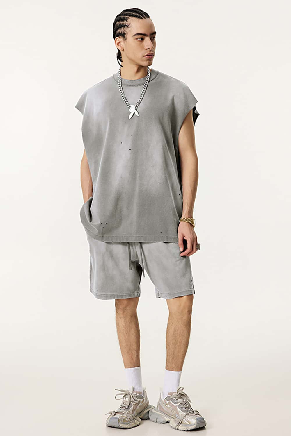 Vintage Distressed Cut-Out Shoulder Sleeveless Sports Tank Top