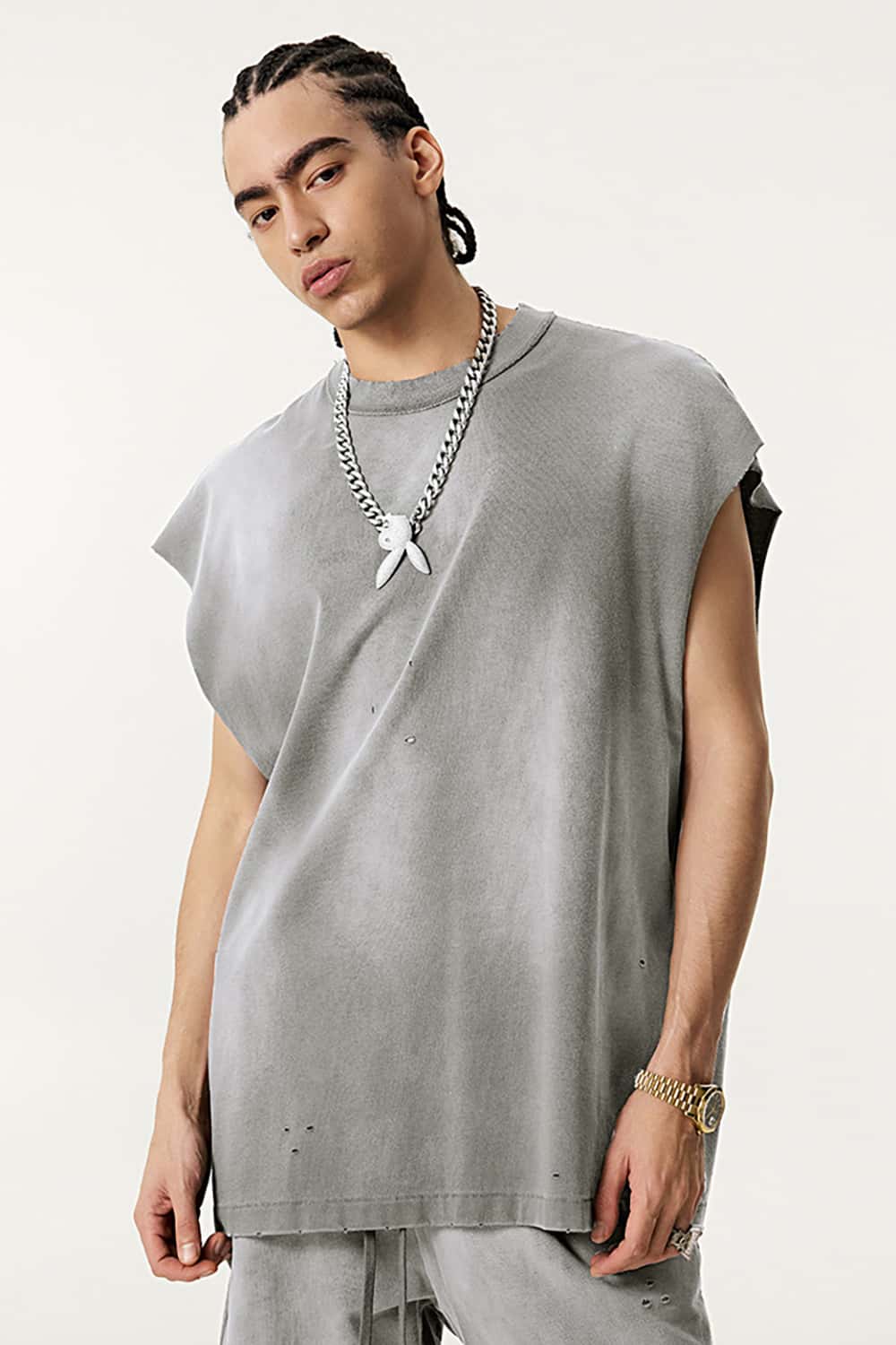 Vintage Distressed Cut-Out Shoulder Sleeveless Sports Tank Top
