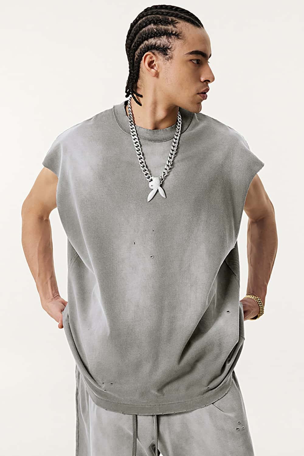 Vintage Distressed Cut-Out Shoulder Sleeveless Sports Tank Top