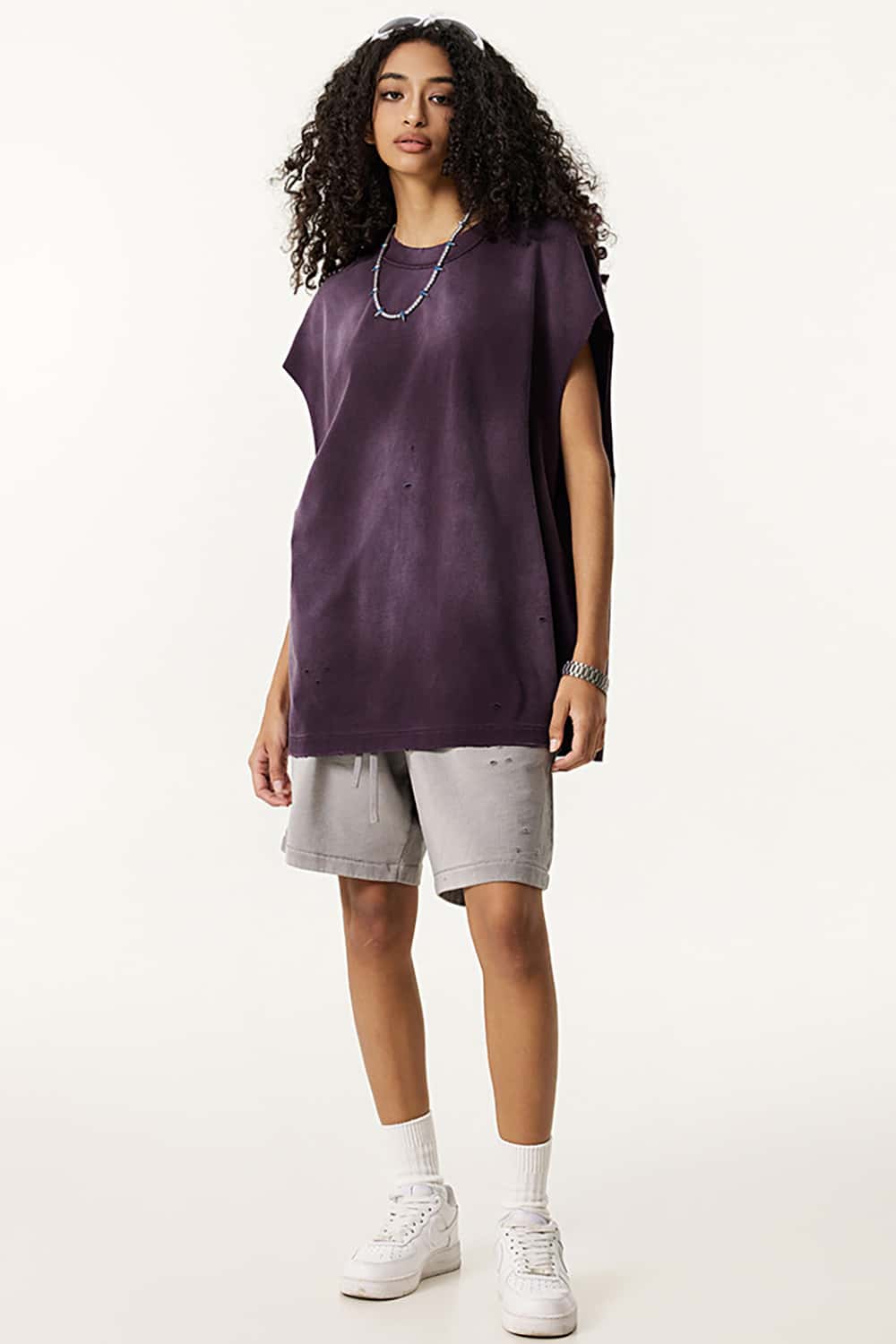 Vintage Distressed Cut-Out Shoulder Sleeveless Sports Tank Top