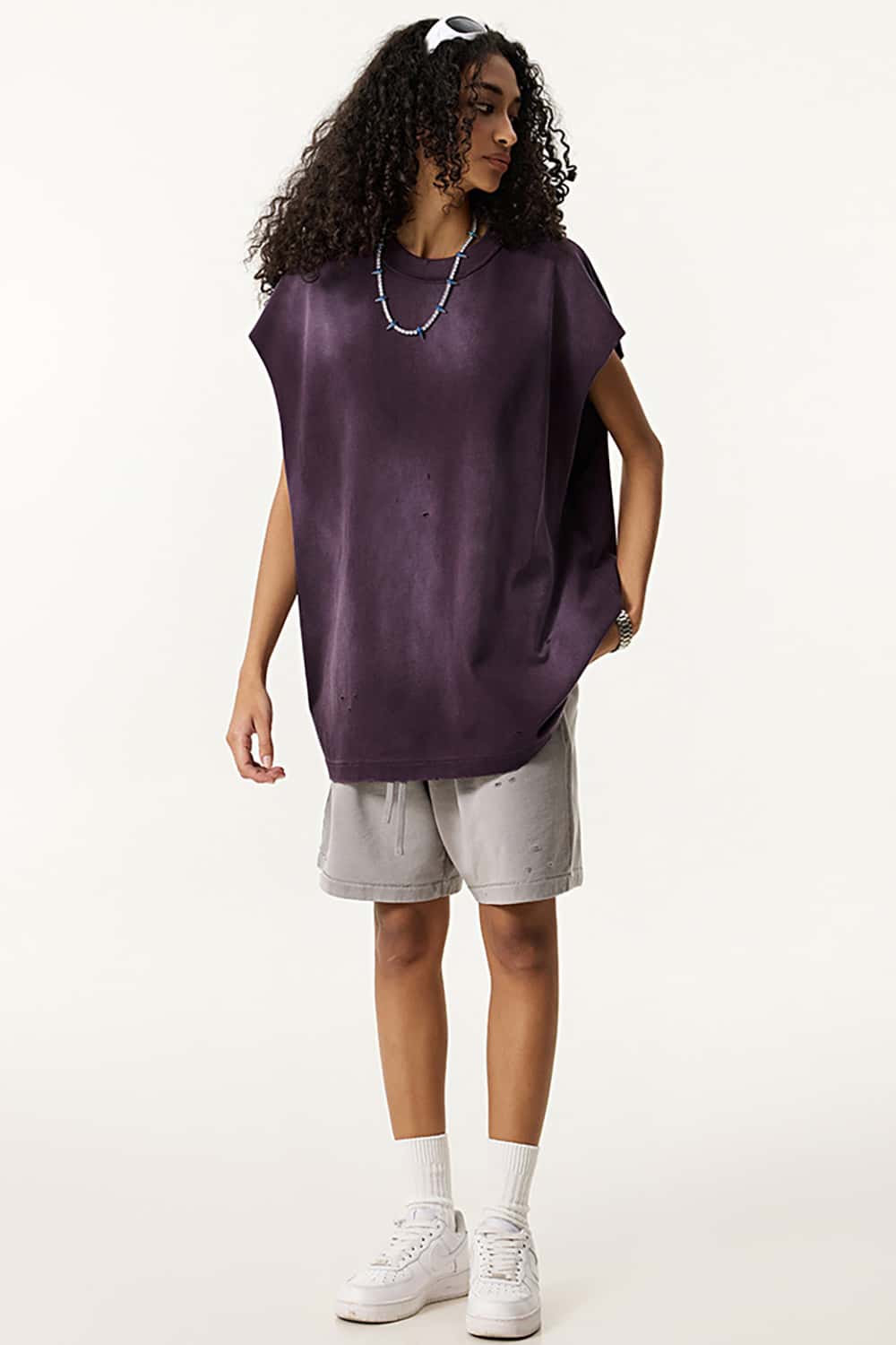 Vintage Distressed Cut-Out Shoulder Sleeveless Sports Tank Top