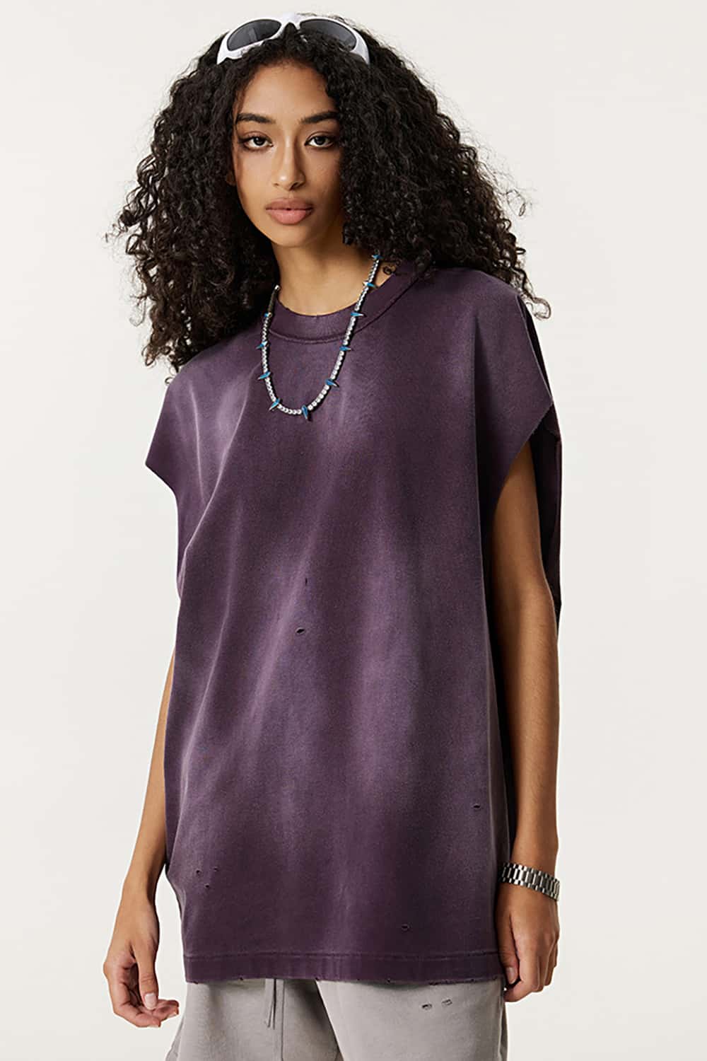 Vintage Distressed Cut-Out Shoulder Sleeveless Sports Tank Top